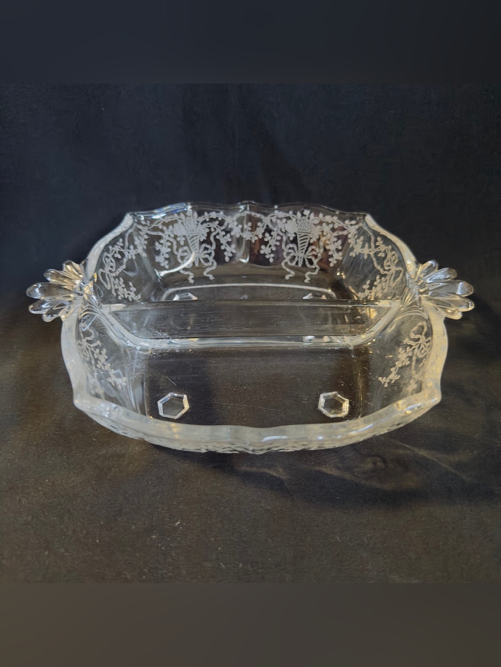Vintage Etched Clear Glass Serving Dish with Fan Handles 1930-50's Elegant